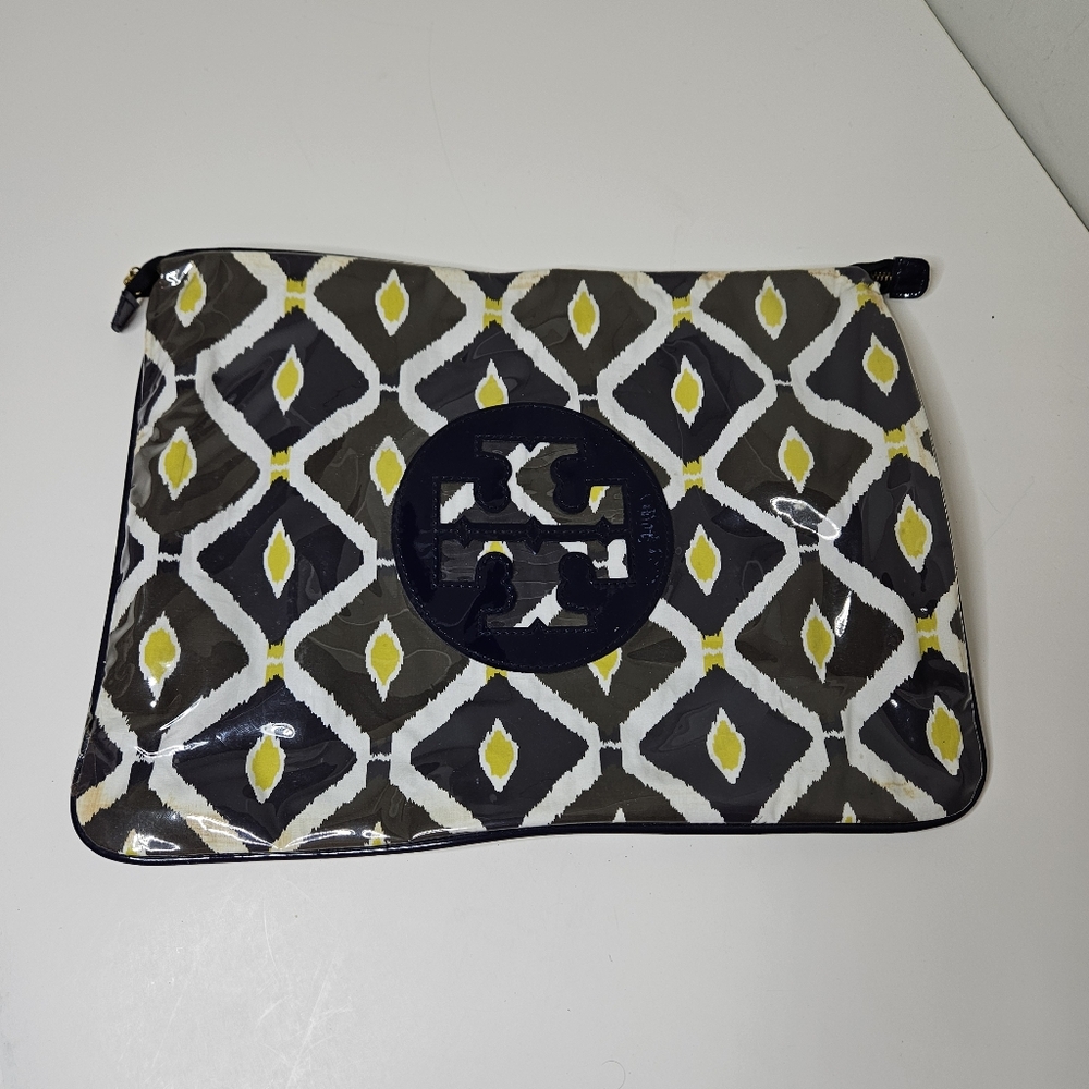 Tory Burch Cosmetic Bag black, yellow, white ikat pattern, Zipper, Flat